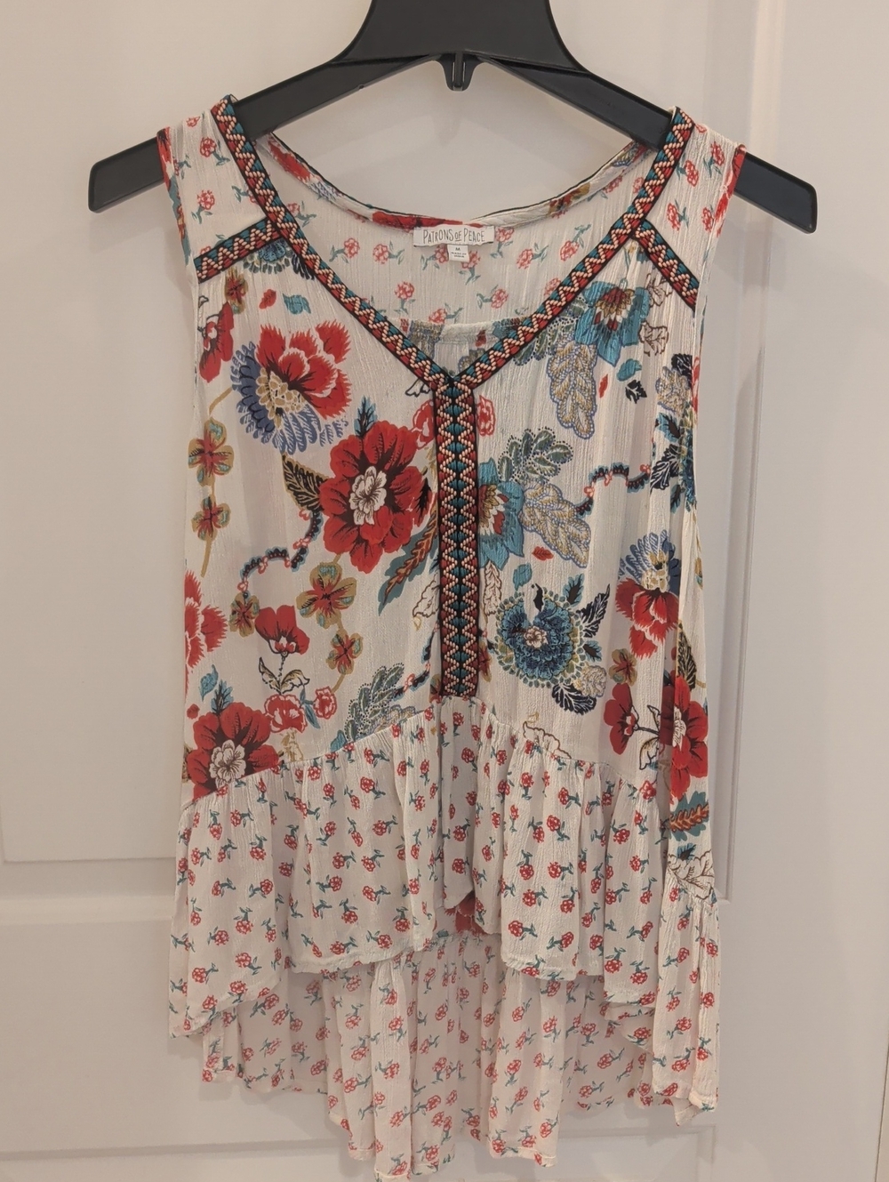 Patrons of Peace White Floral Tank with Red and Blue Accents